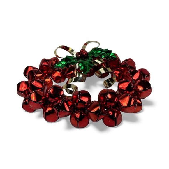 Vintage Red Jingle Bell Wreath Metal Ribbon Holly Leaves Berries 10” Christmas - Picture 2 of 6